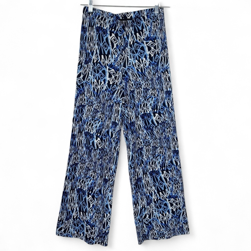 AB Studio Womens Blue White Geometric Ikat Wide Leg Pull On Pants Size S